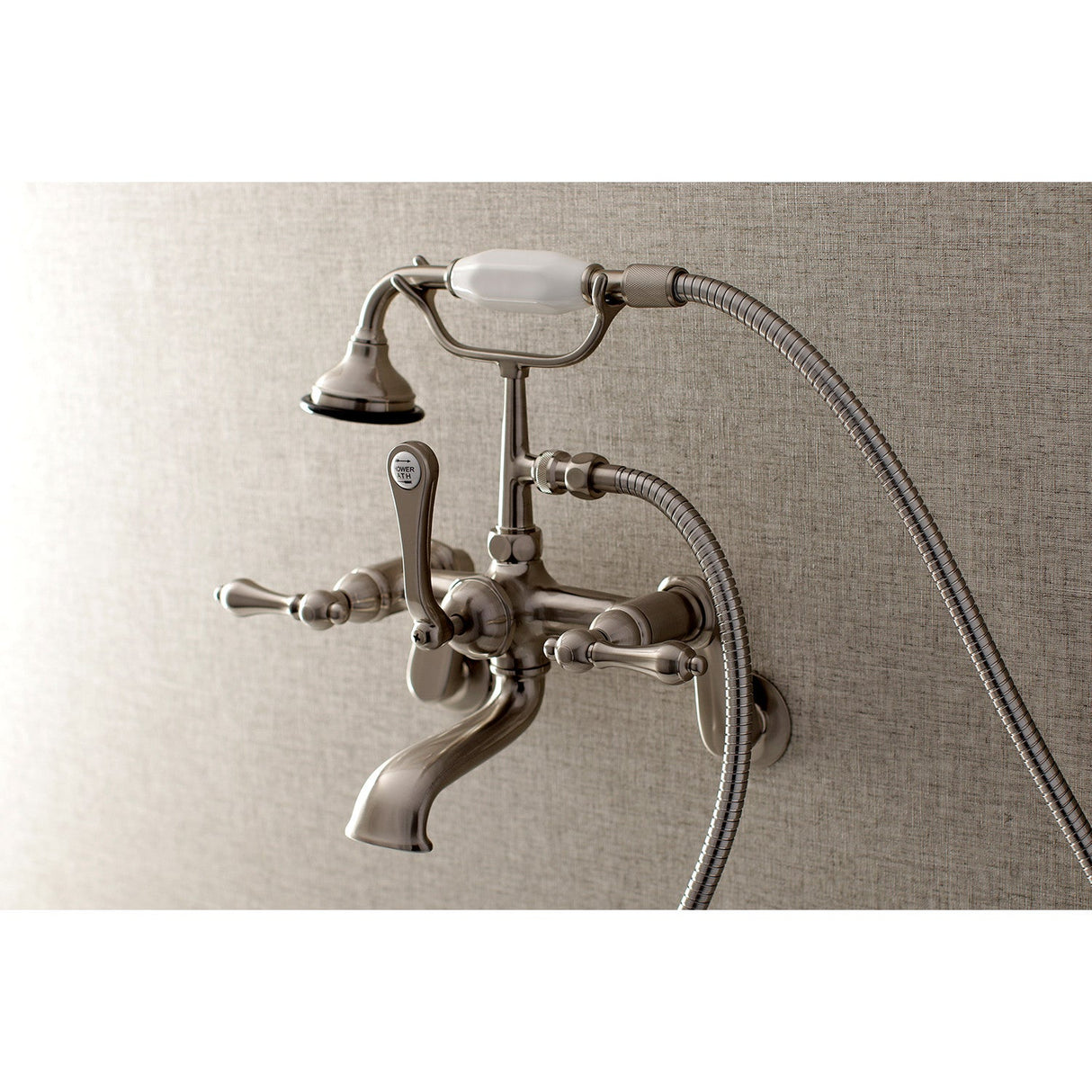 Aqua Vintage AE51T8 Three-Handle 2-Hole Tub Wall Mount Clawfoot Tub Faucet with Hand Shower, Brushed Nickel