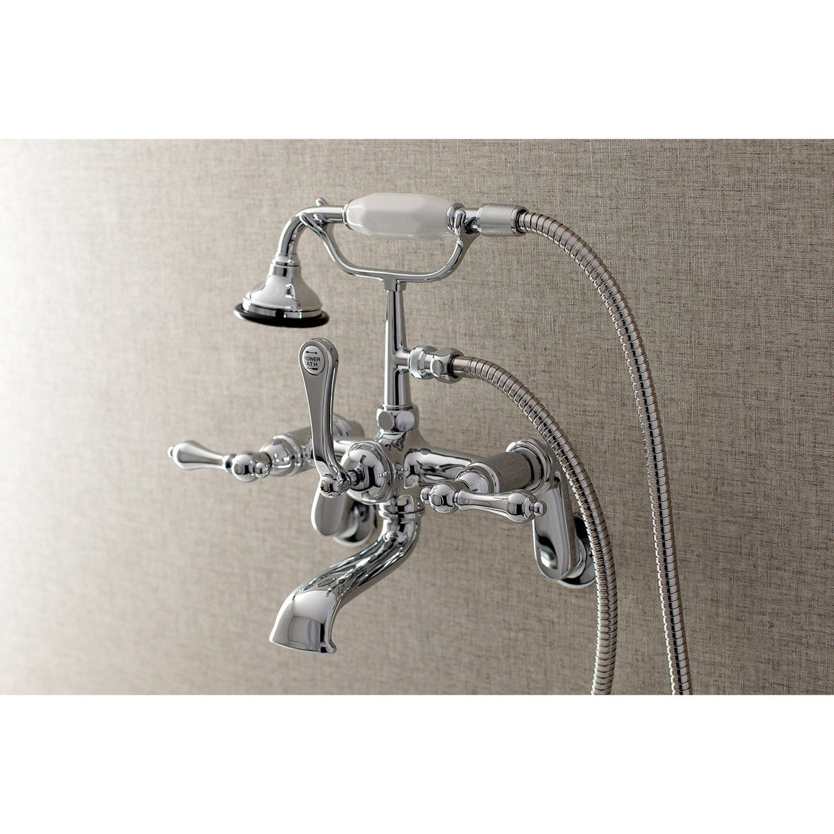 Aqua Vintage AE52T1 Three-Handle 2-Hole Tub Wall Mount Clawfoot Tub Faucet with Hand Shower, Polished Chrome