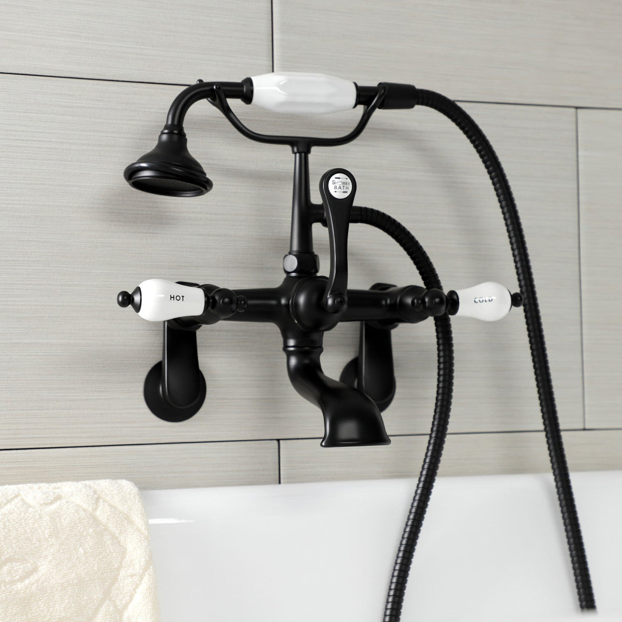 Aqua Vintage AE53T0 Three-Handle 2-Hole Tub Wall Mount Clawfoot Tub Faucet with Hand Shower, Matte Black