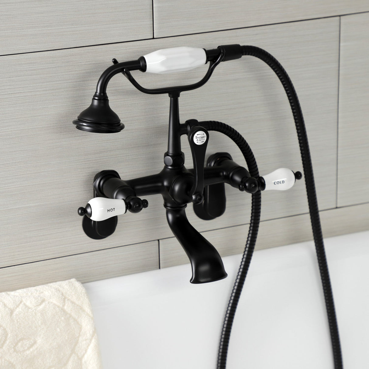 Aqua Vintage AE53T0 Three-Handle 2-Hole Tub Wall Mount Clawfoot Tub Faucet with Hand Shower, Matte Black