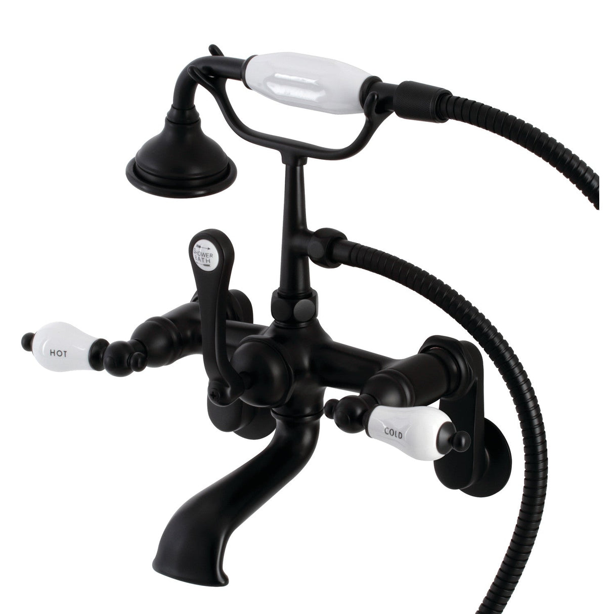 Aqua Vintage AE53T0 Three-Handle 2-Hole Tub Wall Mount Clawfoot Tub Faucet with Hand Shower, Matte Black