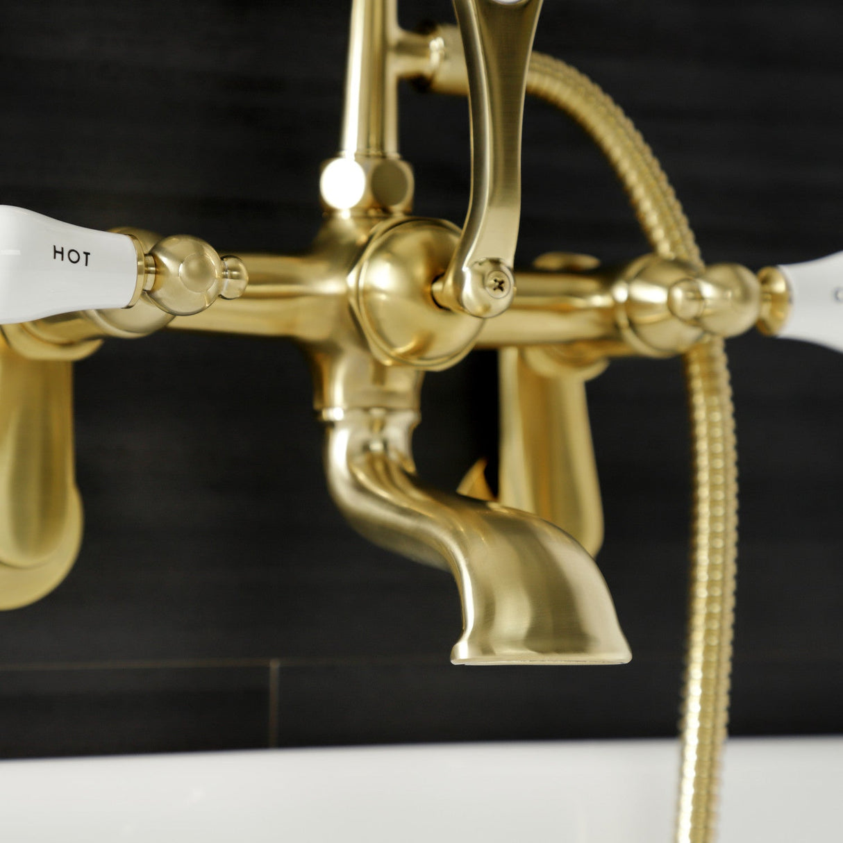 Aqua Vintage AE53T7 Three-Handle 2-Hole Tub Wall Mount Clawfoot Tub Faucet with Hand Shower, Brushed Brass