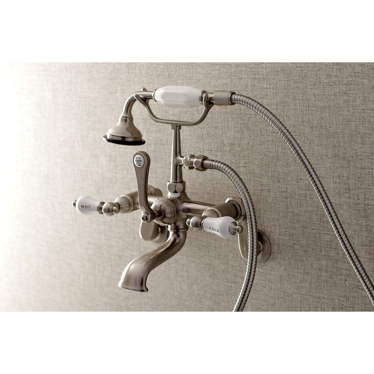 Aqua Vintage AE53T8 Three-Handle 2-Hole Tub Wall Mount Clawfoot Tub Faucet with Hand Shower, Brushed Nickel
