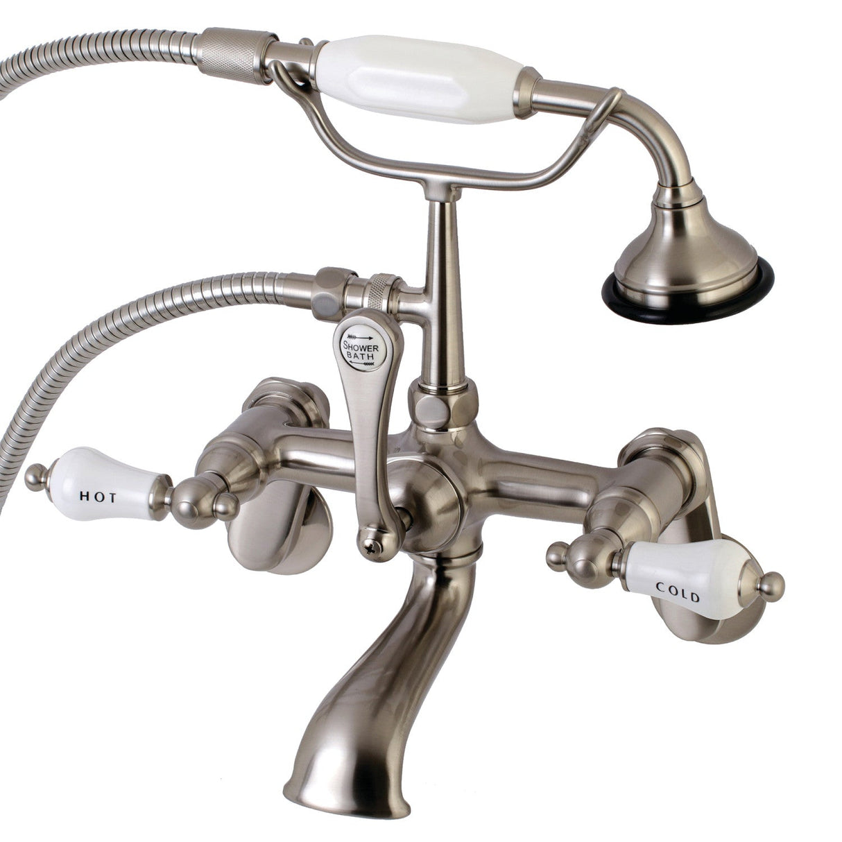 Aqua Vintage AE53T8 Three-Handle 2-Hole Tub Wall Mount Clawfoot Tub Faucet with Hand Shower, Brushed Nickel