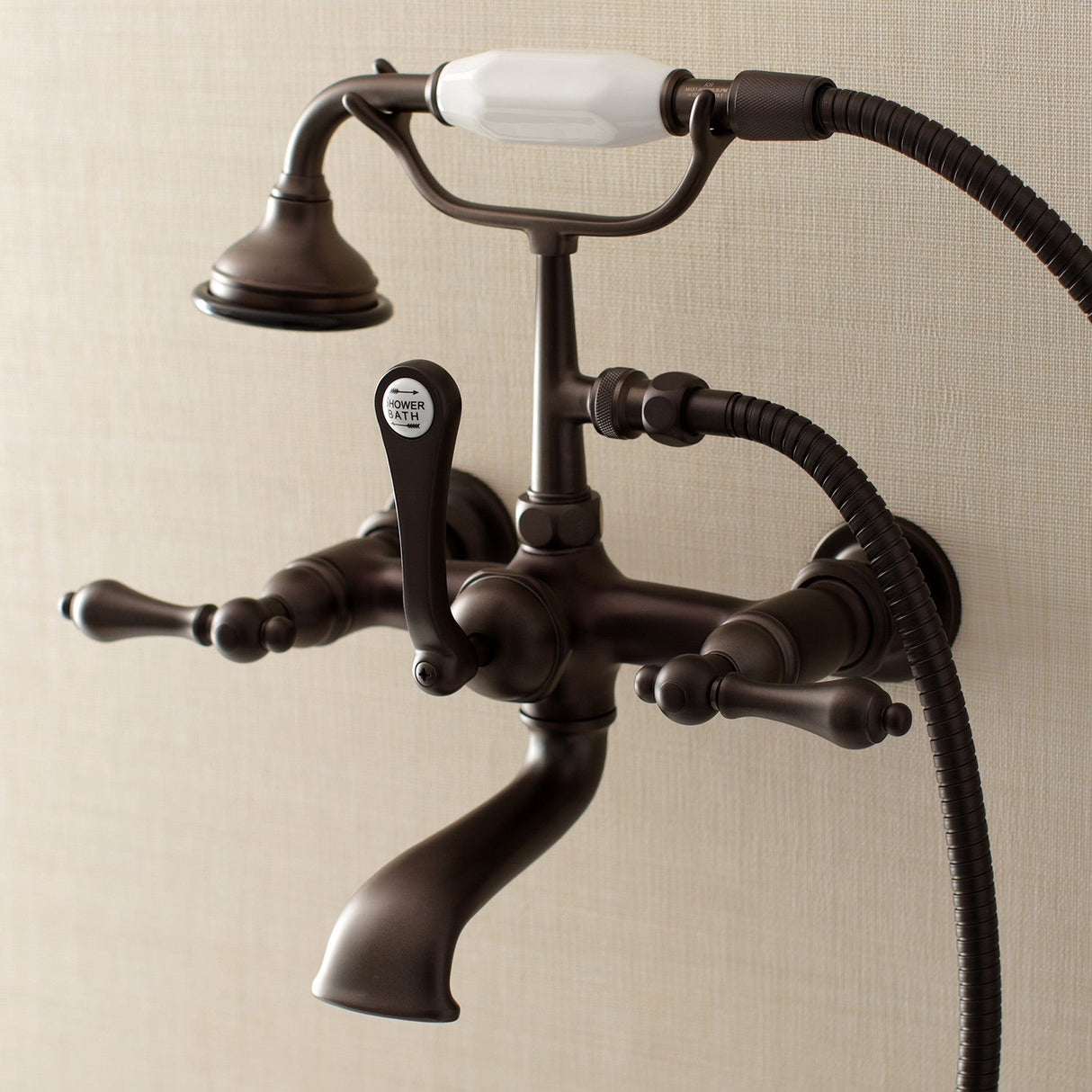 Aqua Vintage AE551T5 Three-Handle 2-Hole Tub Wall Mount Clawfoot Tub Faucet with Hand Shower, Oil Rubbed Bronze