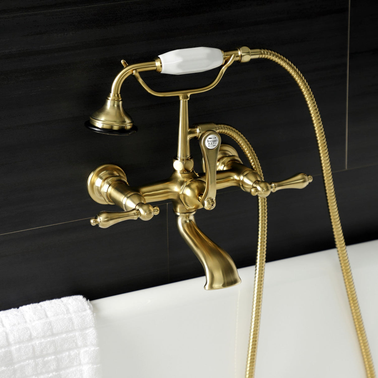Aqua Vintage AE551T7 Three-Handle 2-Hole Tub Wall Mount Clawfoot Tub Faucet with Hand Shower, Brushed Brass