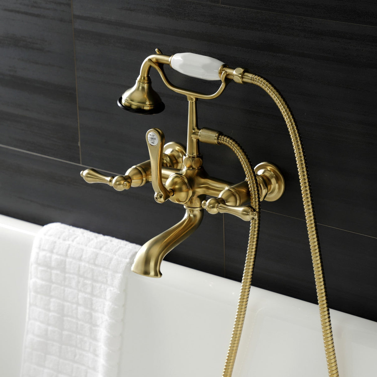 Aqua Vintage AE551T7 Three-Handle 2-Hole Tub Wall Mount Clawfoot Tub Faucet with Hand Shower, Brushed Brass