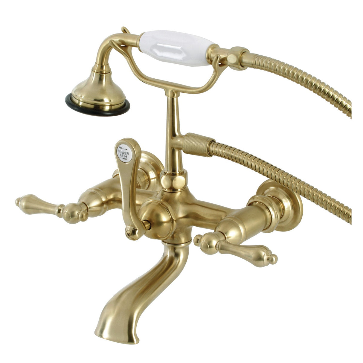 Aqua Vintage AE551T7 Three-Handle 2-Hole Tub Wall Mount Clawfoot Tub Faucet with Hand Shower, Brushed Brass