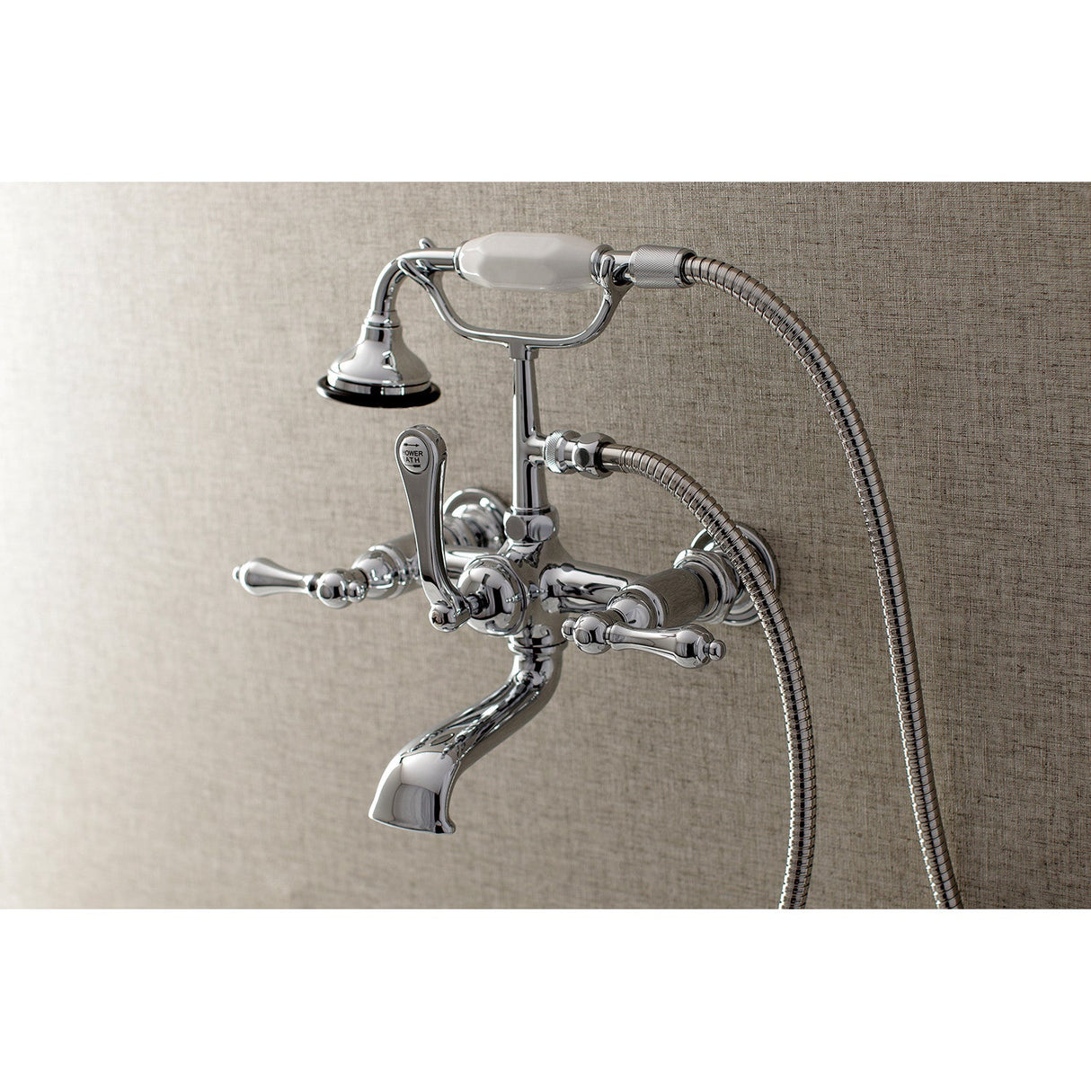 Aqua Vintage AE552T1 Three-Handle 2-Hole Tub Wall Mount Clawfoot Tub Faucet with Hand Shower, Polished Chrome