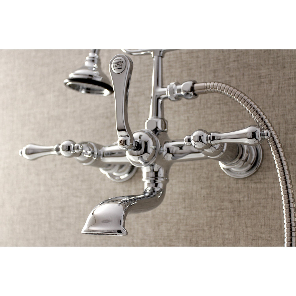 Aqua Vintage AE552T1 Three-Handle 2-Hole Tub Wall Mount Clawfoot Tub Faucet with Hand Shower, Polished Chrome