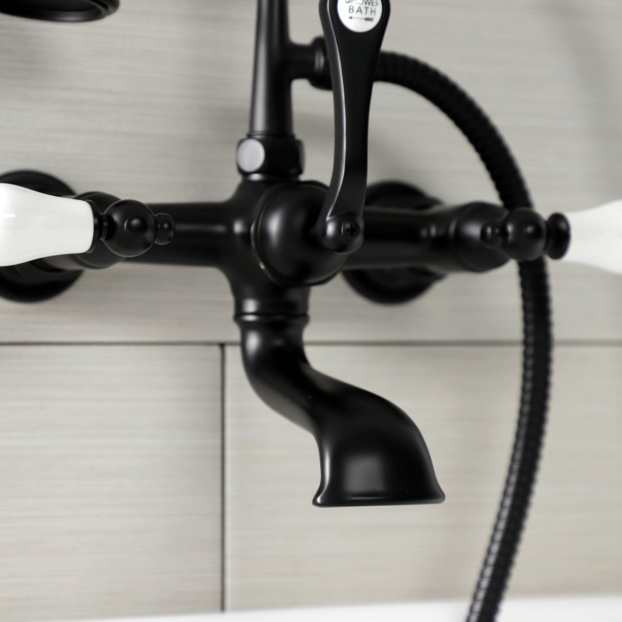 Aqua Vintage AE553T0 Three-Handle 2-Hole Tub Wall Mount Clawfoot Tub Faucet with Hand Shower, Matte Black