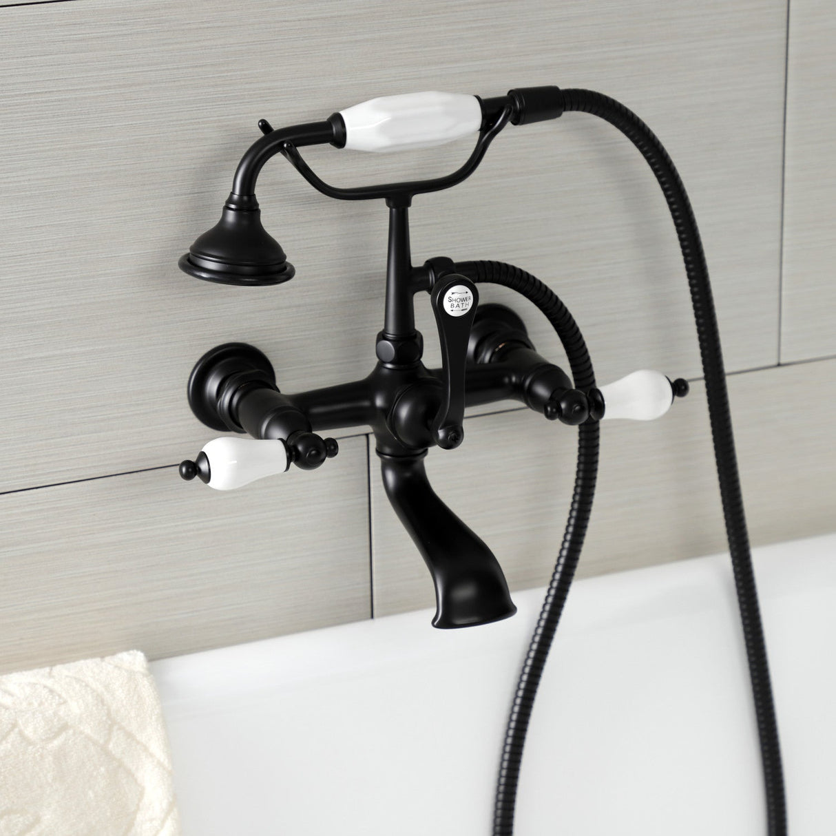Aqua Vintage AE553T0 Three-Handle 2-Hole Tub Wall Mount Clawfoot Tub Faucet with Hand Shower, Matte Black
