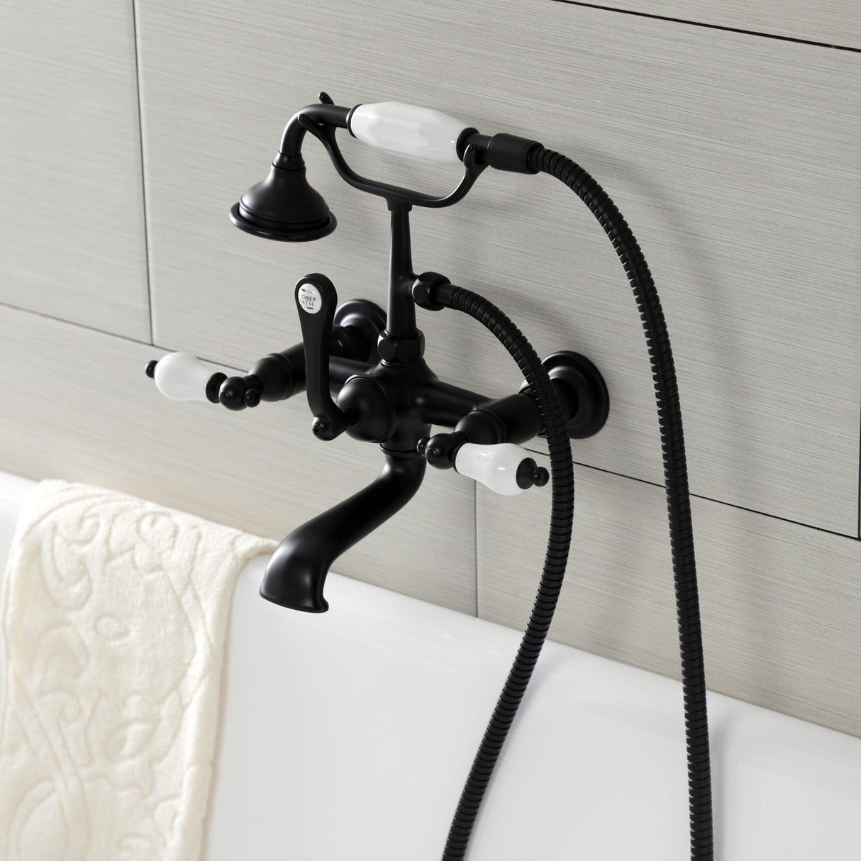 Aqua Vintage AE553T0 Three-Handle 2-Hole Tub Wall Mount Clawfoot Tub Faucet with Hand Shower, Matte Black