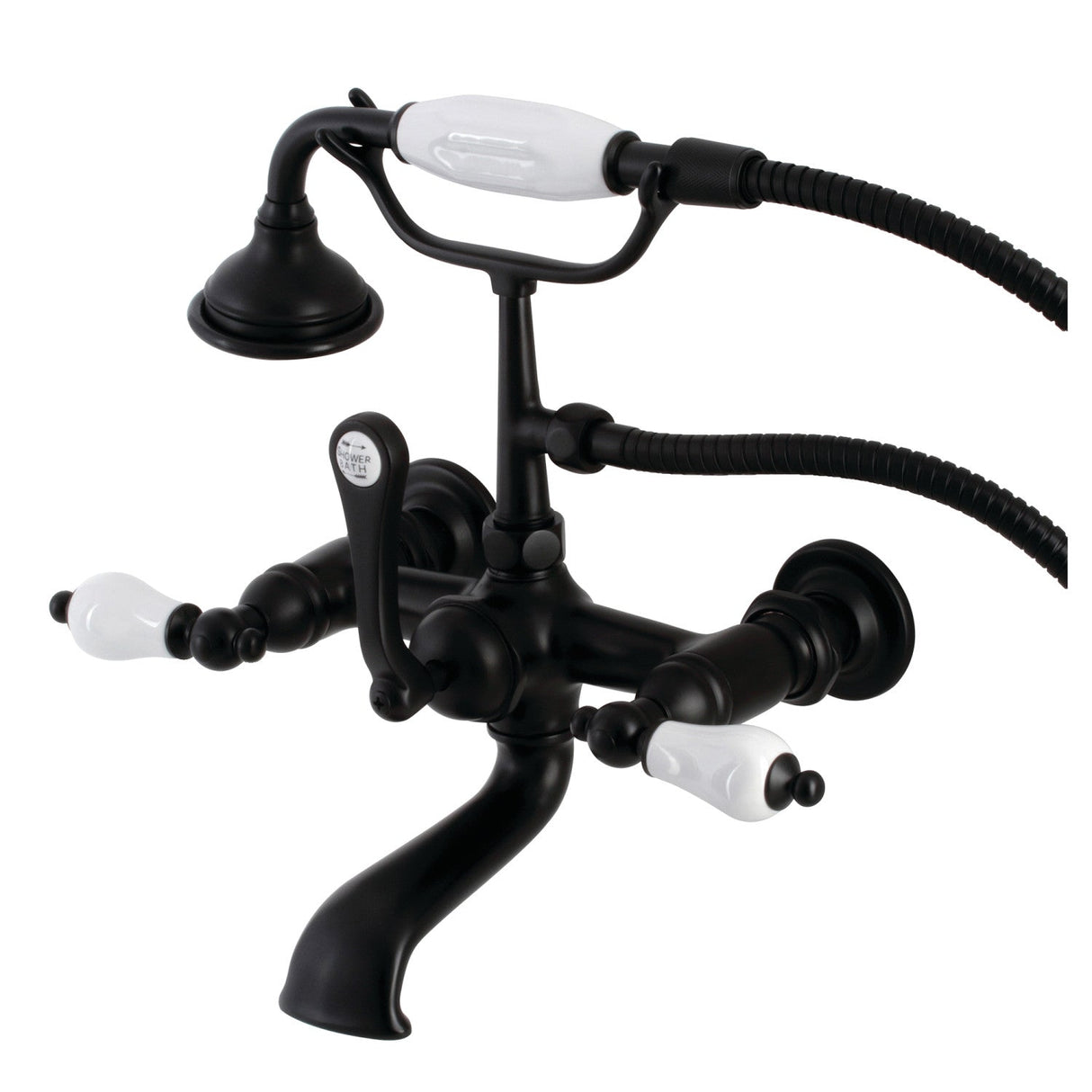 Aqua Vintage AE553T0 Three-Handle 2-Hole Tub Wall Mount Clawfoot Tub Faucet with Hand Shower, Matte Black