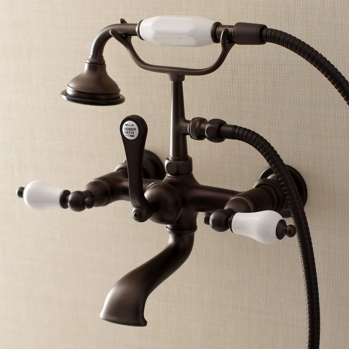 Aqua Vintage AE553T5 Three-Handle 2-Hole Tub Wall Mount Clawfoot Tub Faucet with Hand Shower, Oil Rubbed Bronze