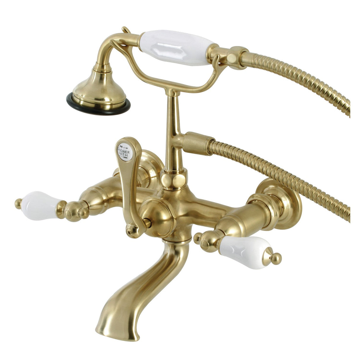 Aqua Vintage AE553T7 Three-Handle 2-Hole Tub Wall Mount Clawfoot Tub Faucet with Hand Shower, Brushed Brass