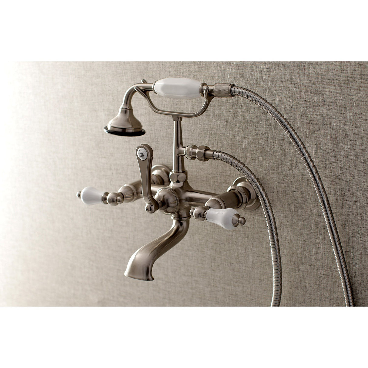 Aqua Vintage AE553T8 Three-Handle 2-Hole Tub Wall Mount Clawfoot Tub Faucet with Hand Shower, Brushed Nickel