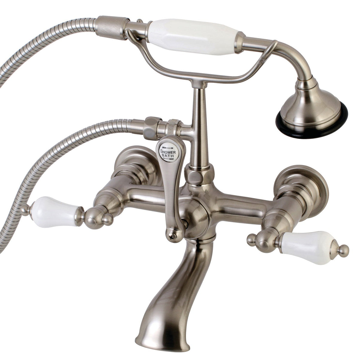 Aqua Vintage AE553T8 Three-Handle 2-Hole Tub Wall Mount Clawfoot Tub Faucet with Hand Shower, Brushed Nickel