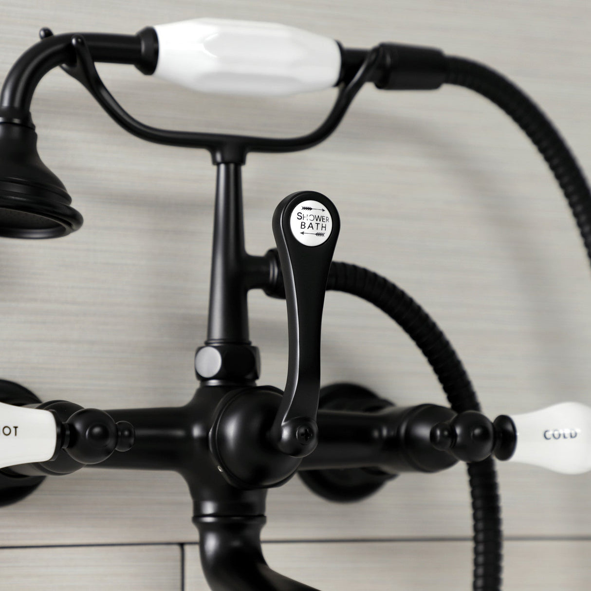 Aqua Vintage AE555T0 Three-Handle 2-Hole Tub Wall Mount Clawfoot Tub Faucet with Hand Shower, Matte Black