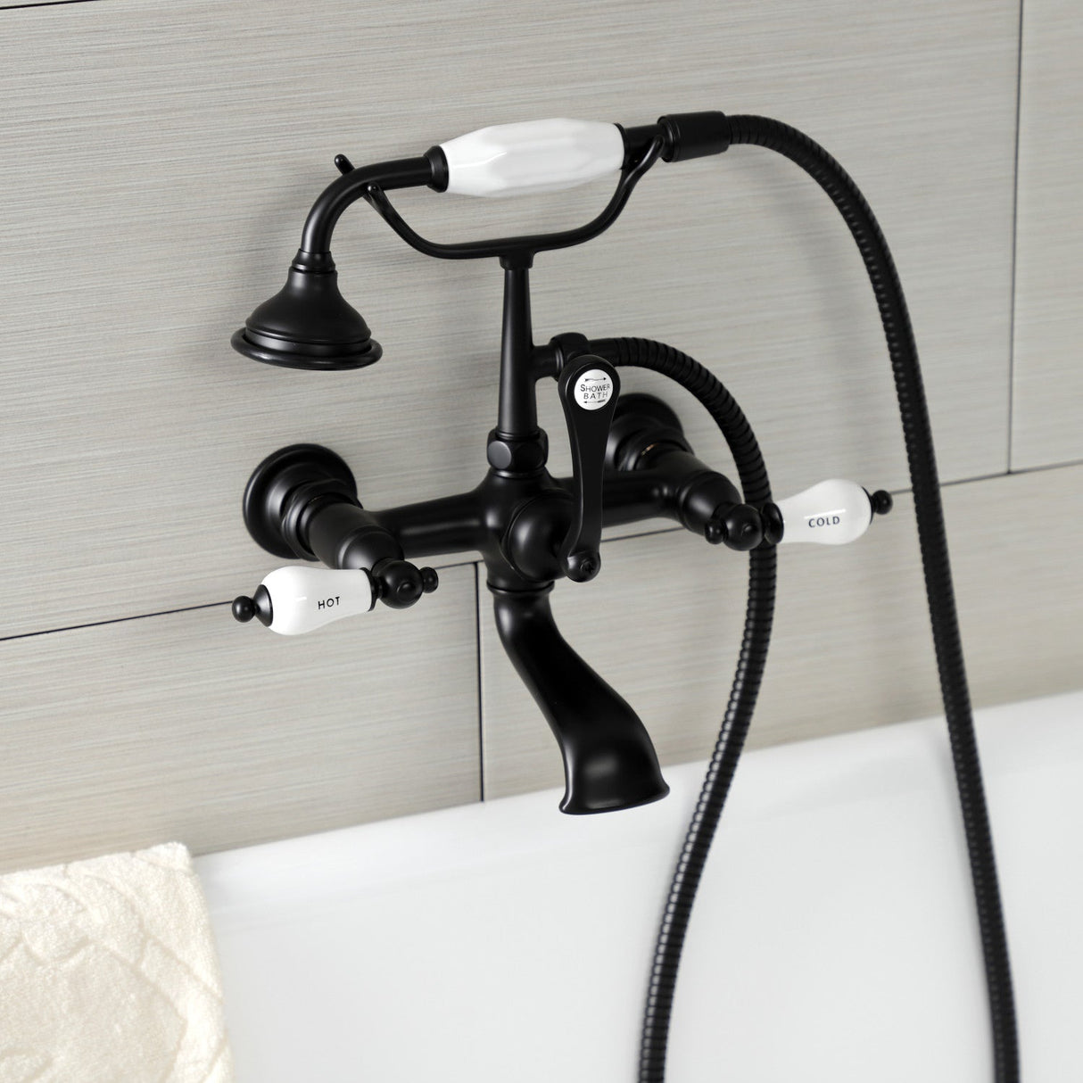 Aqua Vintage AE555T0 Three-Handle 2-Hole Tub Wall Mount Clawfoot Tub Faucet with Hand Shower, Matte Black
