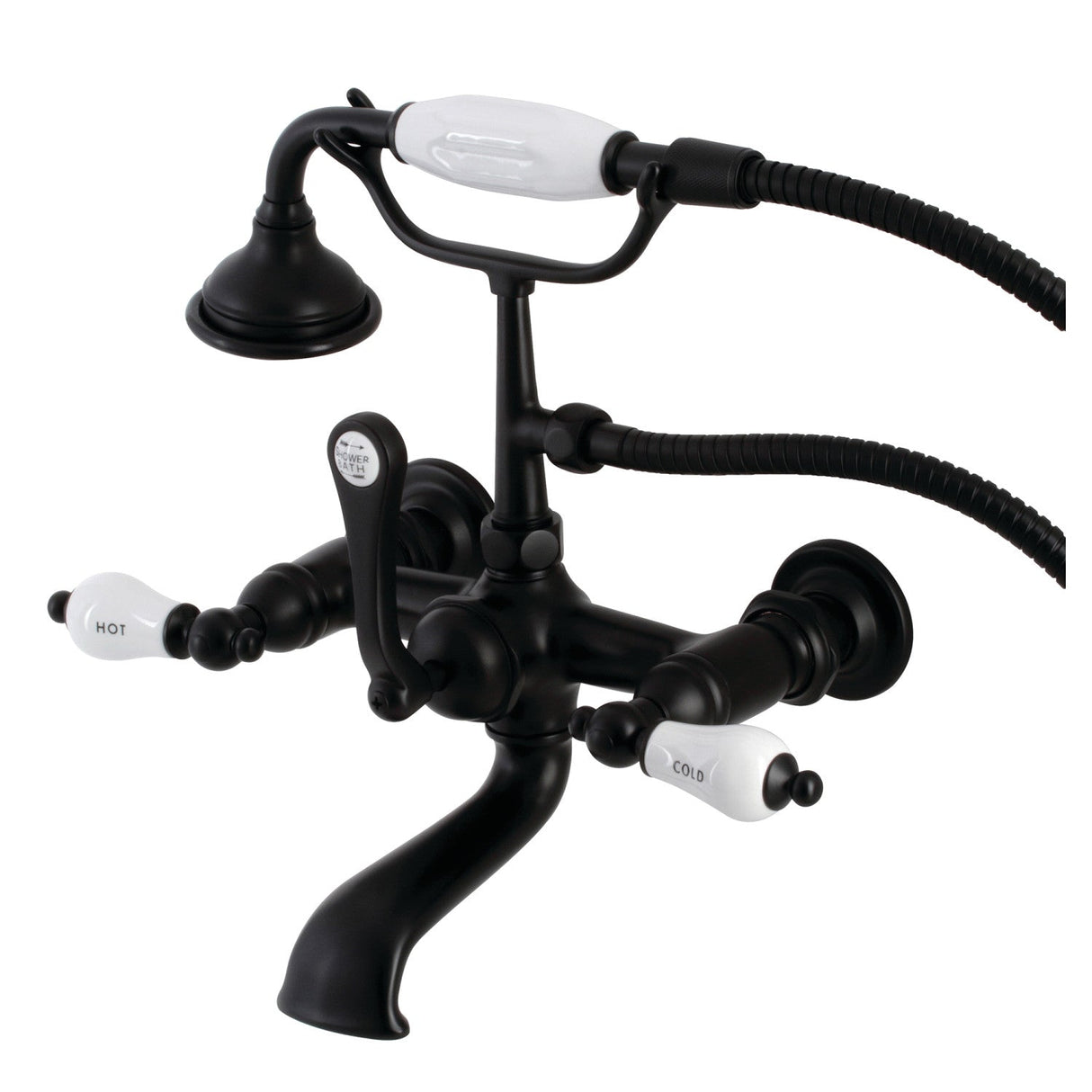 Aqua Vintage AE555T0 Three-Handle 2-Hole Tub Wall Mount Clawfoot Tub Faucet with Hand Shower, Matte Black