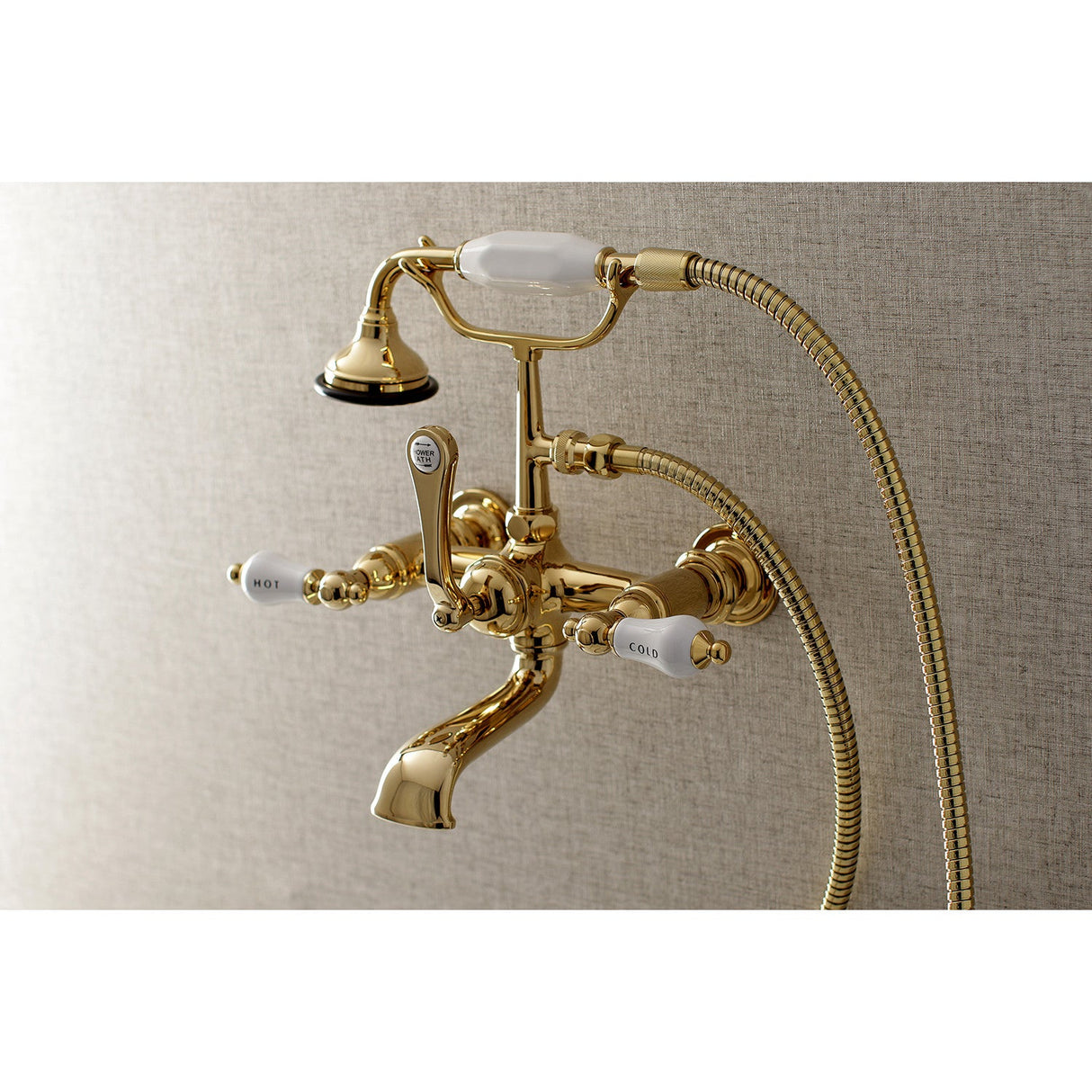Aqua Vintage AE555T2 Three-Handle 2-Hole Tub Wall Mount Clawfoot Tub Faucet with Hand Shower, Polished Brass