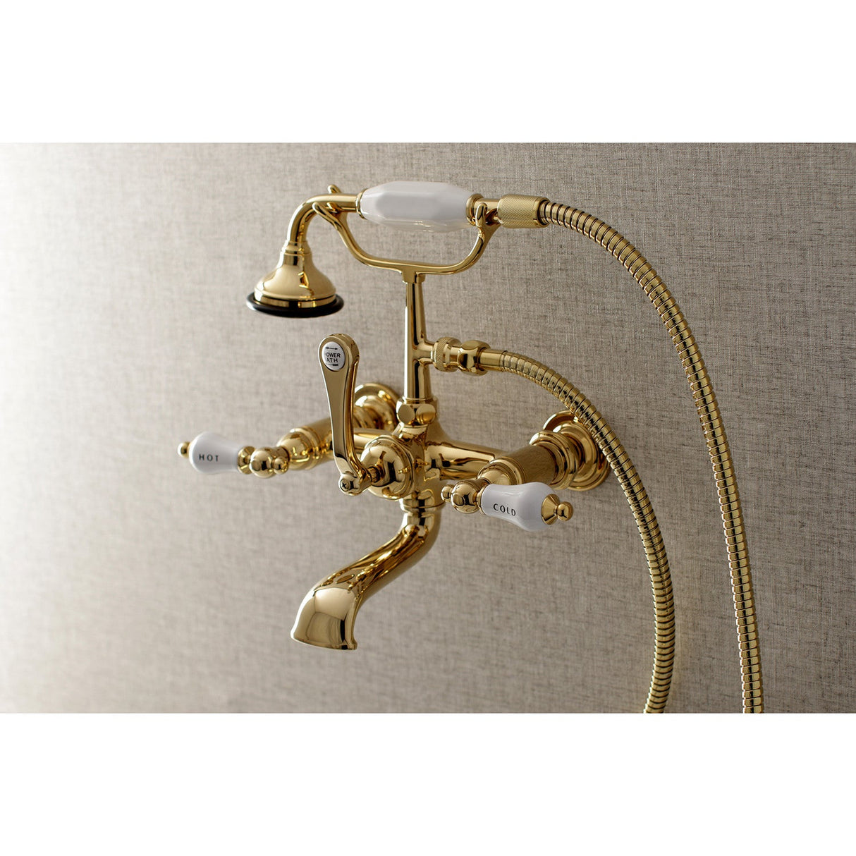 Aqua Vintage AE555T2 Three-Handle 2-Hole Tub Wall Mount Clawfoot Tub Faucet with Hand Shower, Polished Brass