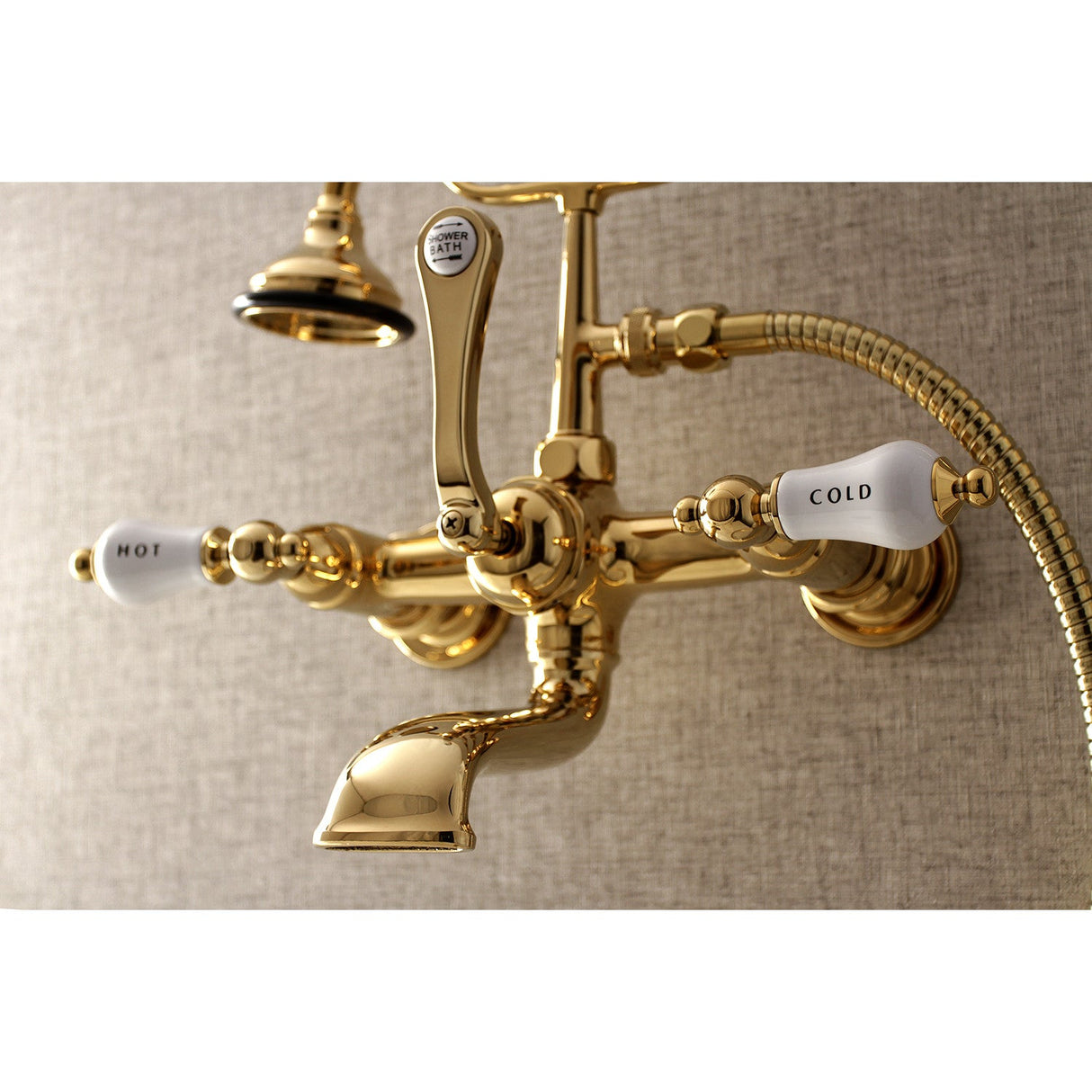 Aqua Vintage AE555T2 Three-Handle 2-Hole Tub Wall Mount Clawfoot Tub Faucet with Hand Shower, Polished Brass