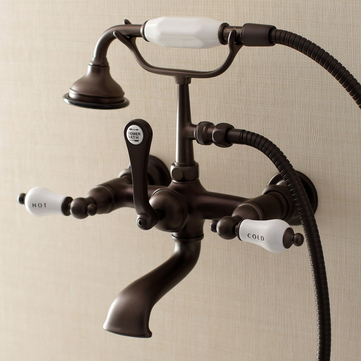 Aqua Vintage AE555T5 Three-Handle 2-Hole Tub Wall Mount Clawfoot Tub Faucet with Hand Shower, Oil Rubbed Bronze