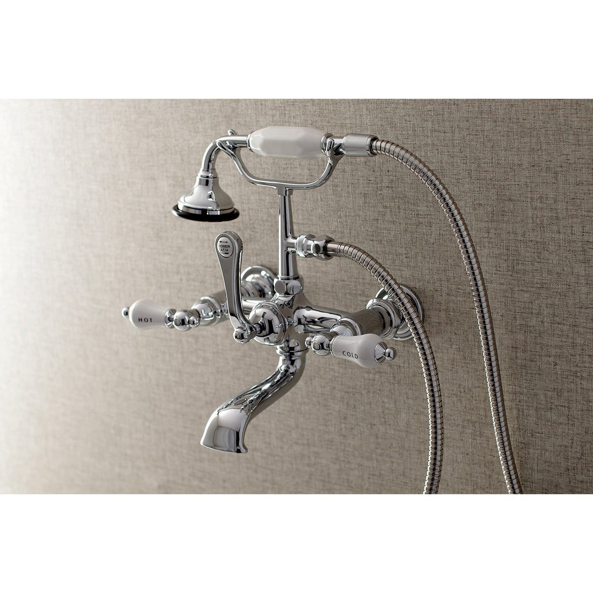 Aqua Vintage AE556T1 Three-Handle 2-Hole Tub Wall Mount Clawfoot Tub Faucet with Hand Shower, Polished Chrome