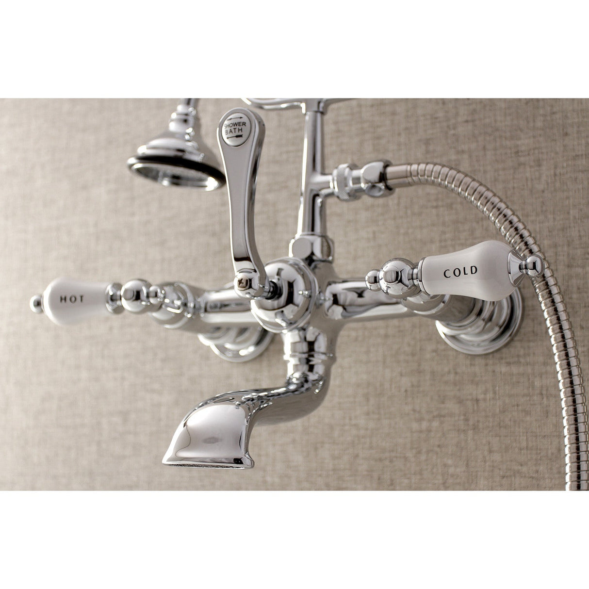 Aqua Vintage AE556T1 Three-Handle 2-Hole Tub Wall Mount Clawfoot Tub Faucet with Hand Shower, Polished Chrome
