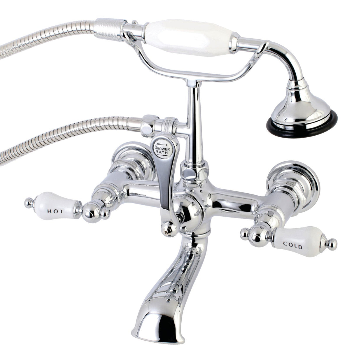 Aqua Vintage AE556T1 Three-Handle 2-Hole Tub Wall Mount Clawfoot Tub Faucet with Hand Shower, Polished Chrome