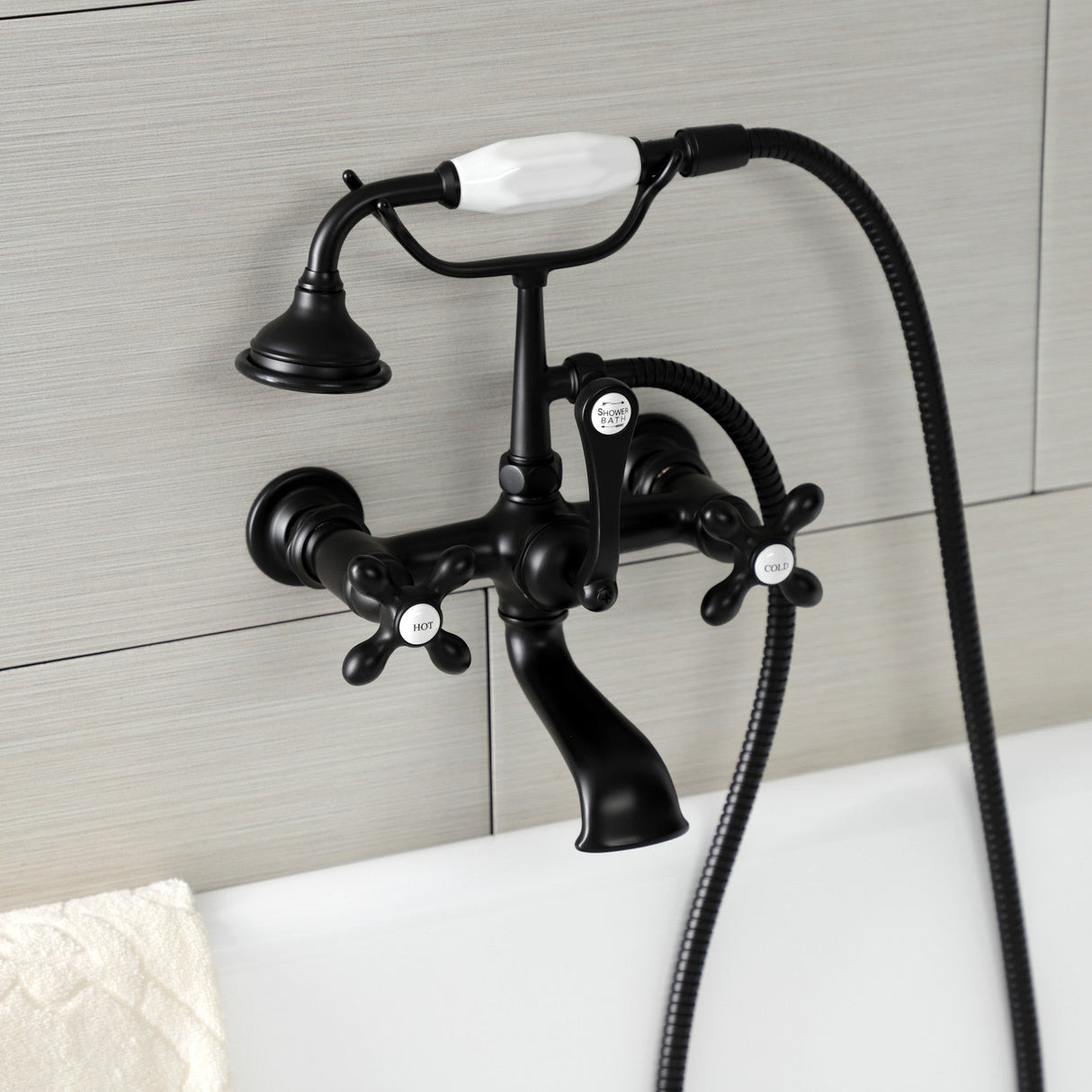Aqua Vintage AE557T0 Three-Handle 2-Hole Tub Wall Mount Clawfoot Tub Faucet with Hand Shower, Matte Black