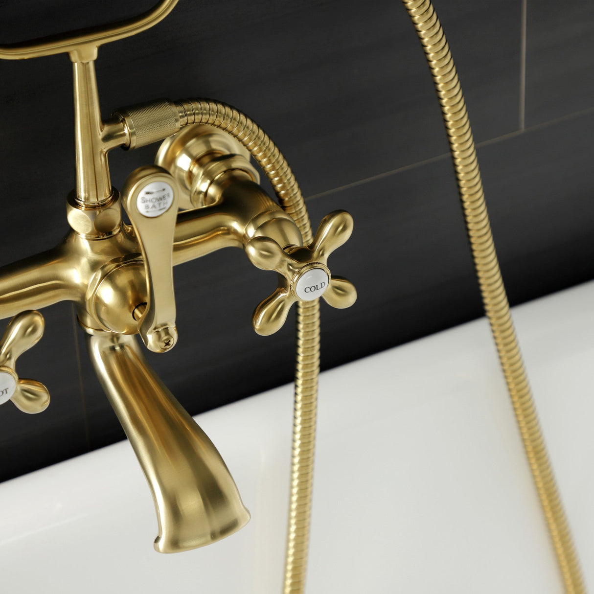 Aqua Vintage AE557T7 Three-Handle 2-Hole Tub Wall Mount Clawfoot Tub Faucet with Hand Shower, Brushed Brass