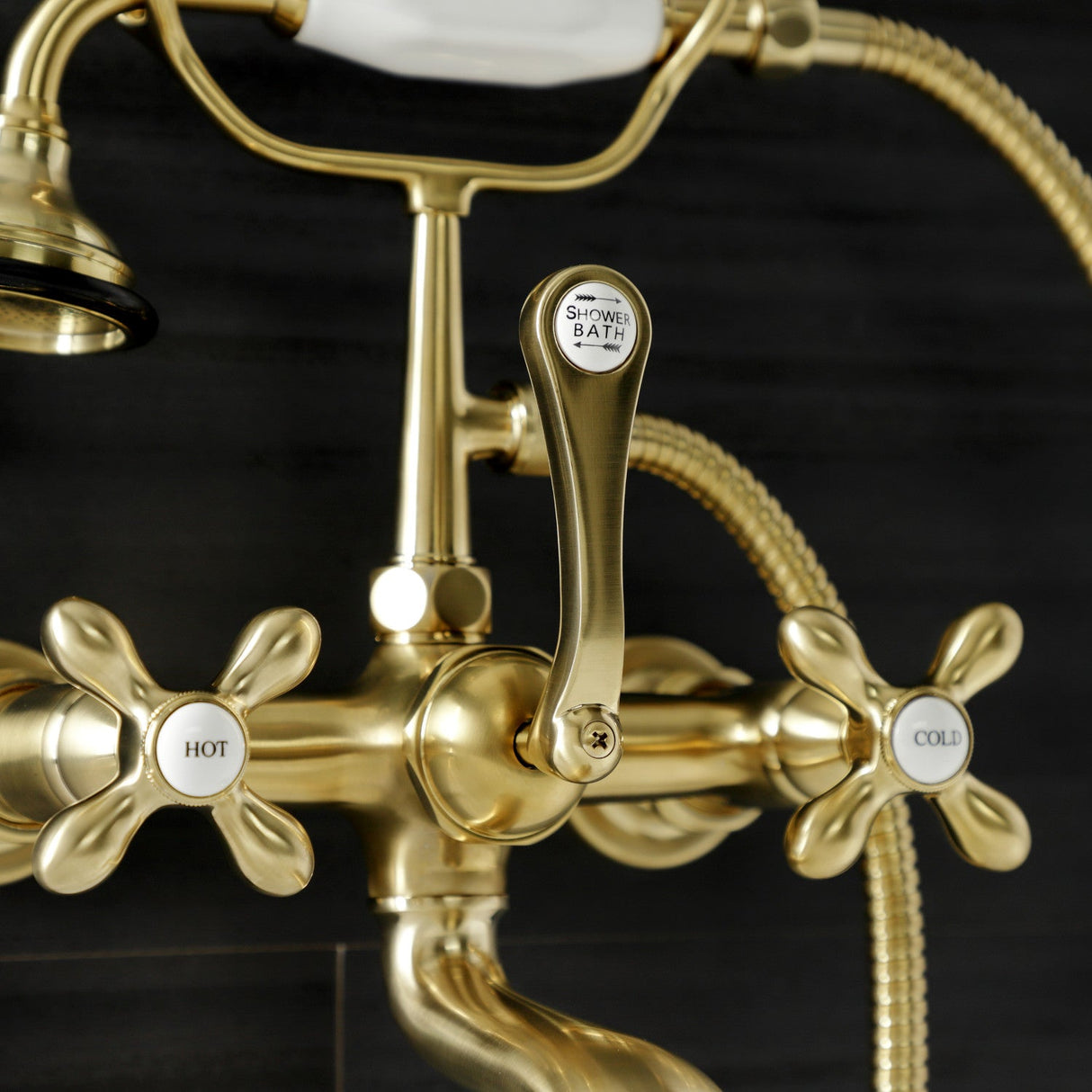 Aqua Vintage AE557T7 Three-Handle 2-Hole Tub Wall Mount Clawfoot Tub Faucet with Hand Shower, Brushed Brass