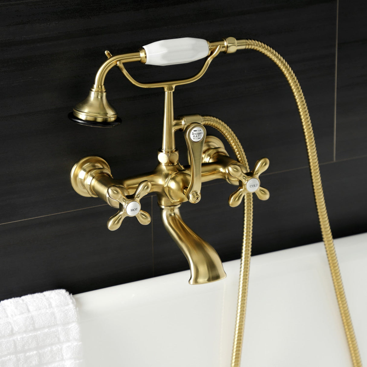 Aqua Vintage AE557T7 Three-Handle 2-Hole Tub Wall Mount Clawfoot Tub Faucet with Hand Shower, Brushed Brass