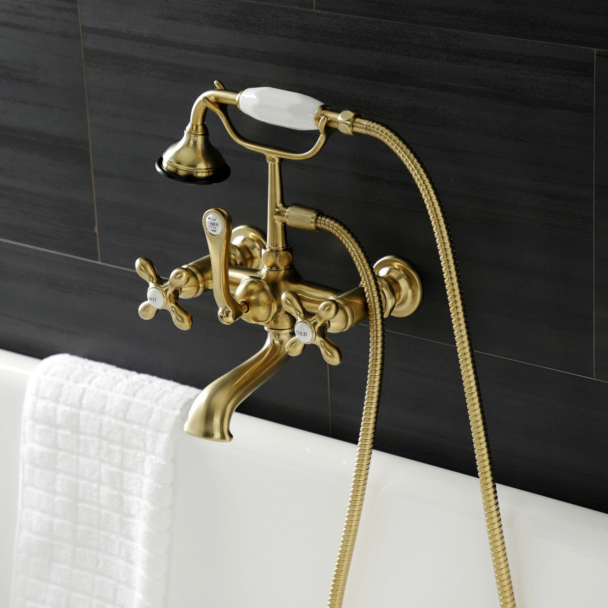 Aqua Vintage AE557T7 Three-Handle 2-Hole Tub Wall Mount Clawfoot Tub Faucet with Hand Shower, Brushed Brass