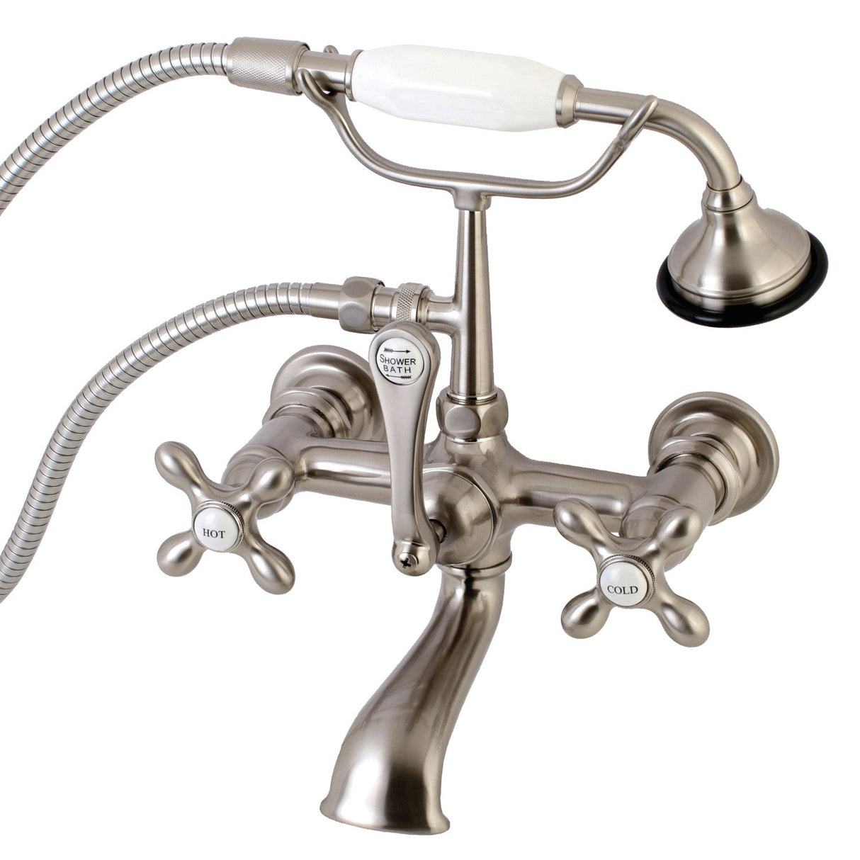 Aqua Vintage AE557T8 Three-Handle 2-Hole Tub Wall Mount Clawfoot Tub Faucet with Hand Shower, Brushed Nickel