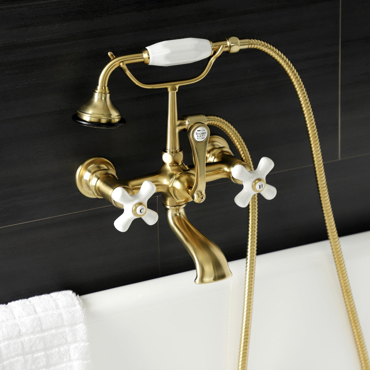 Aqua Vintage AE559T7 Three-Handle 2-Hole Tub Wall Mount Clawfoot Tub Faucet with Hand Shower, Brushed Brass