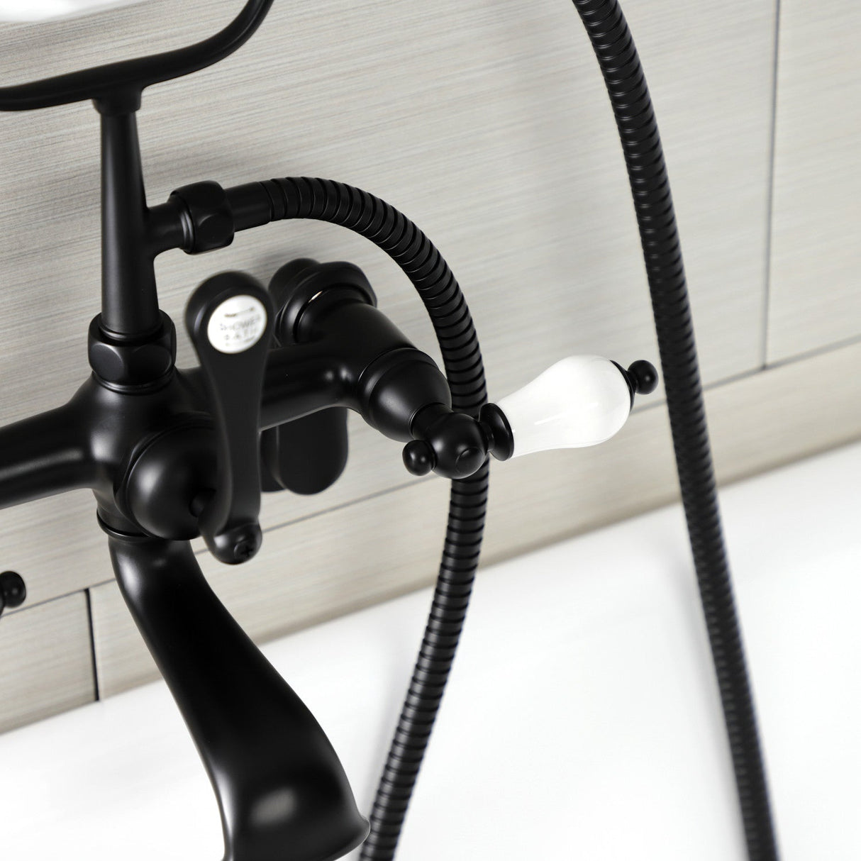 Aqua Vintage AE55T0 Three-Handle 2-Hole Tub Wall Mount Clawfoot Tub Faucet with Hand Shower, Matte Black