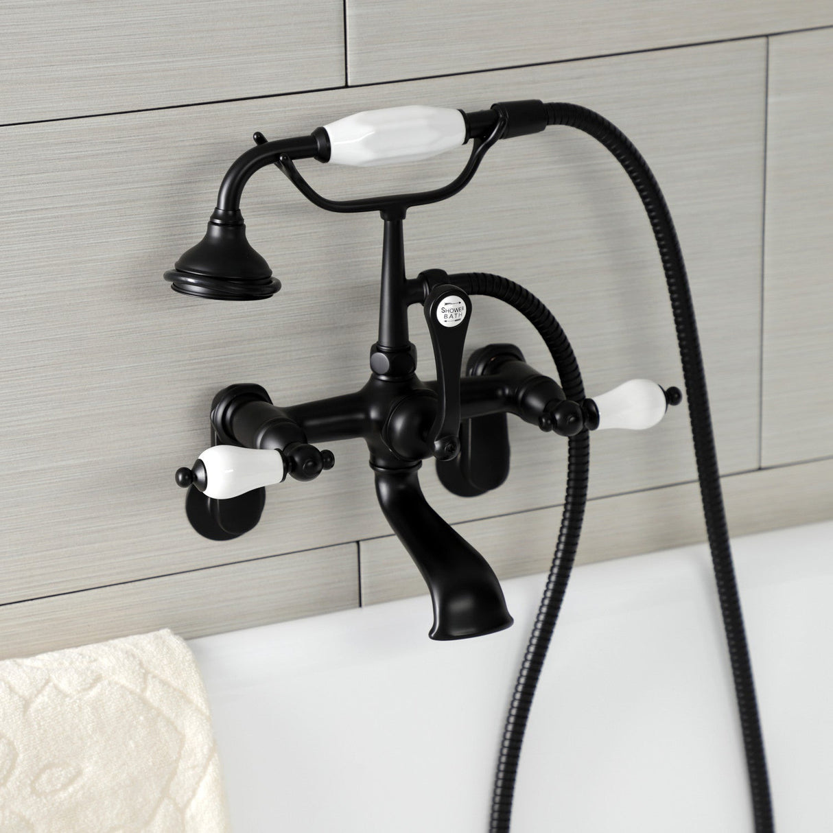 Aqua Vintage AE55T0 Three-Handle 2-Hole Tub Wall Mount Clawfoot Tub Faucet with Hand Shower, Matte Black