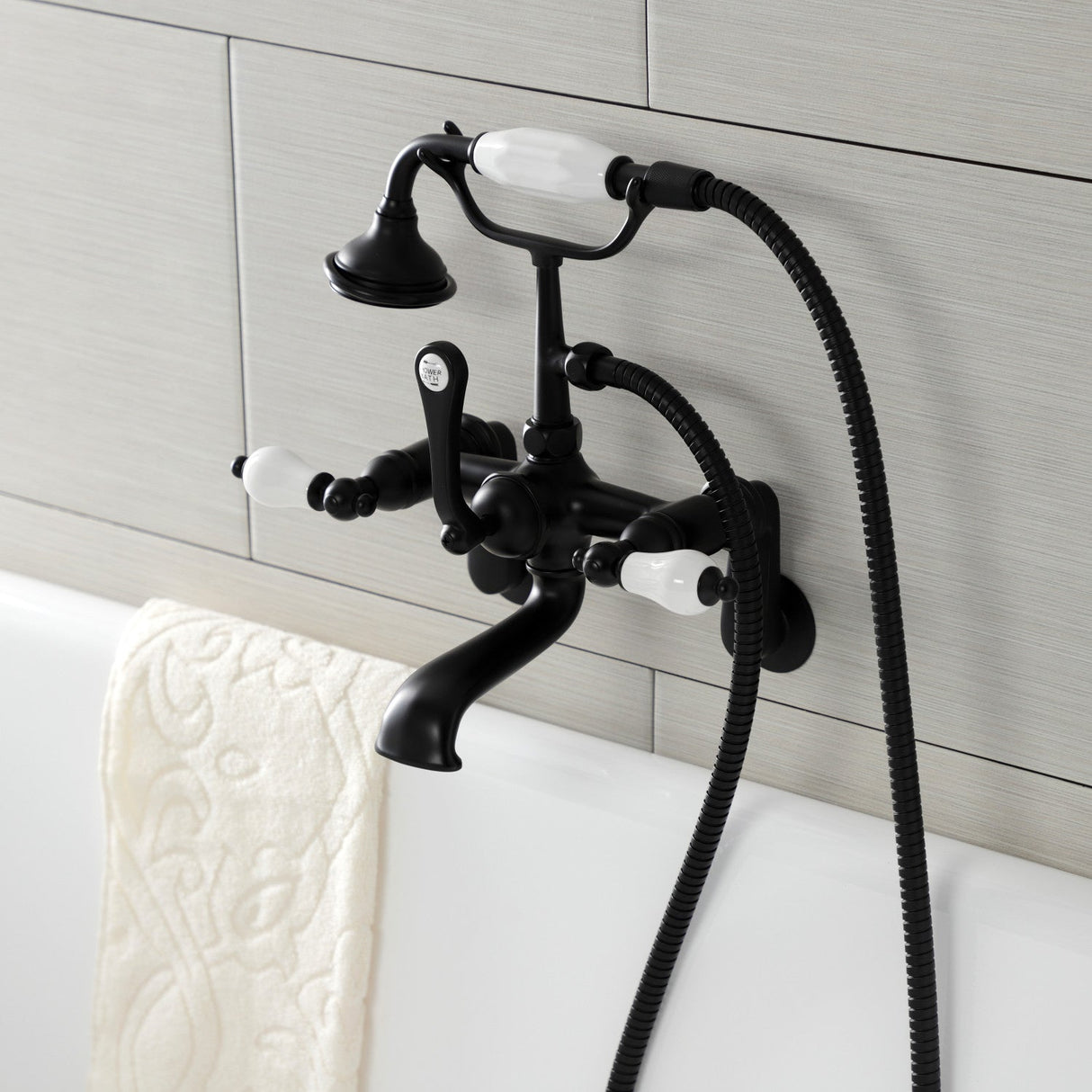 Aqua Vintage AE55T0 Three-Handle 2-Hole Tub Wall Mount Clawfoot Tub Faucet with Hand Shower, Matte Black