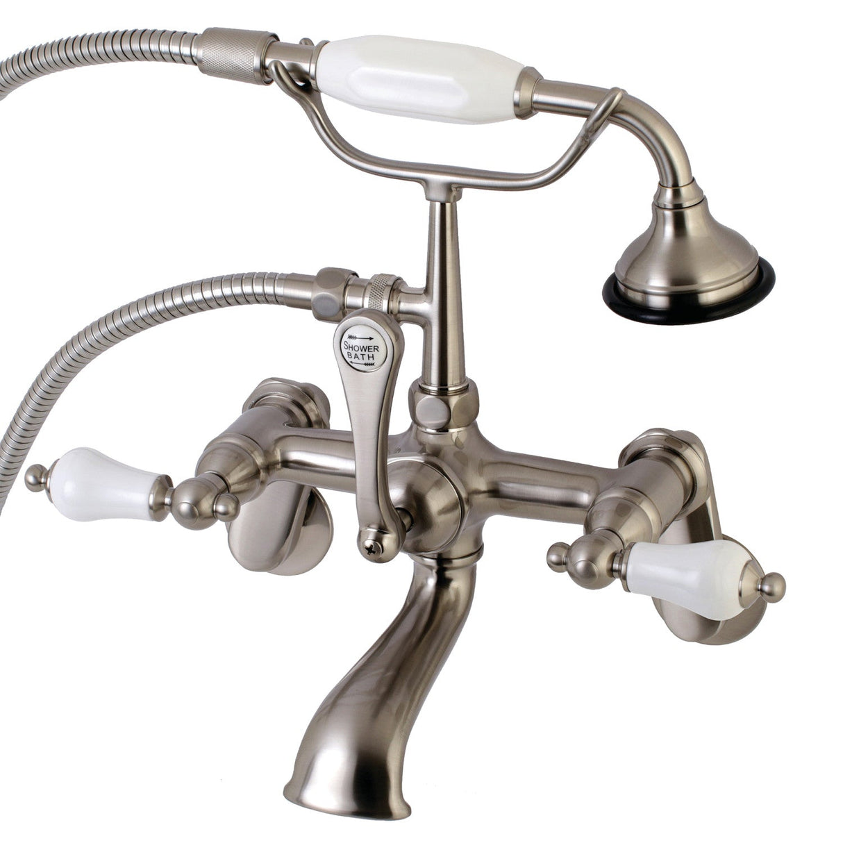 Aqua Vintage AE55T8 Three-Handle 2-Hole Tub Wall Mount Clawfoot Tub Faucet with Hand Shower, Brushed Nickel
