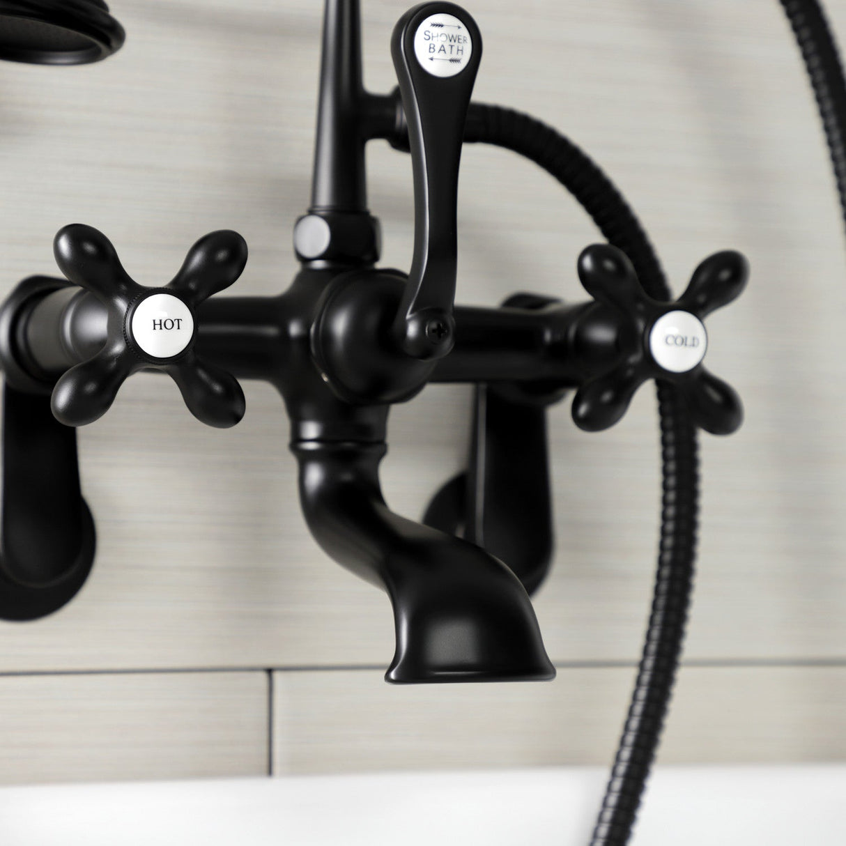 Aqua Vintage AE57T0 Three-Handle 2-Hole Tub Wall Mount Clawfoot Tub Faucet with Hand Shower, Matte Black