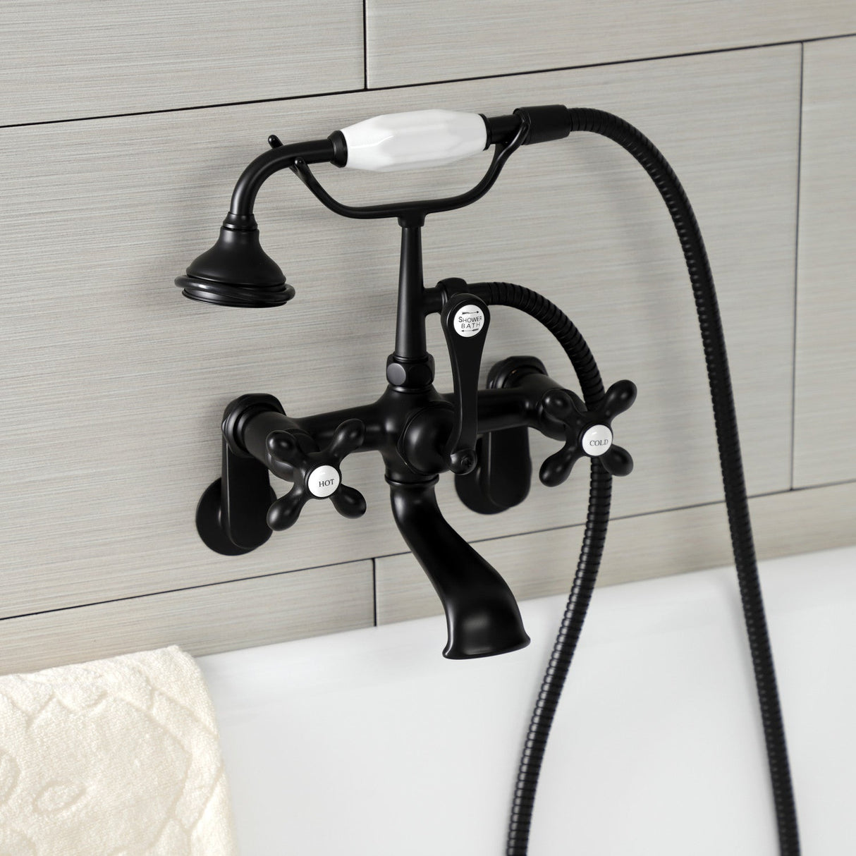 Aqua Vintage AE57T0 Three-Handle 2-Hole Tub Wall Mount Clawfoot Tub Faucet with Hand Shower, Matte Black