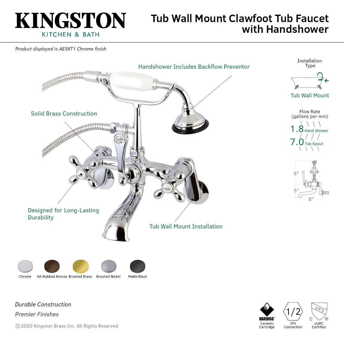 Aqua Vintage AE57T5 Three-Handle 2-Hole Tub Wall Mount Clawfoot Tub Faucet with Hand Shower, Oil Rubbed Bronze
