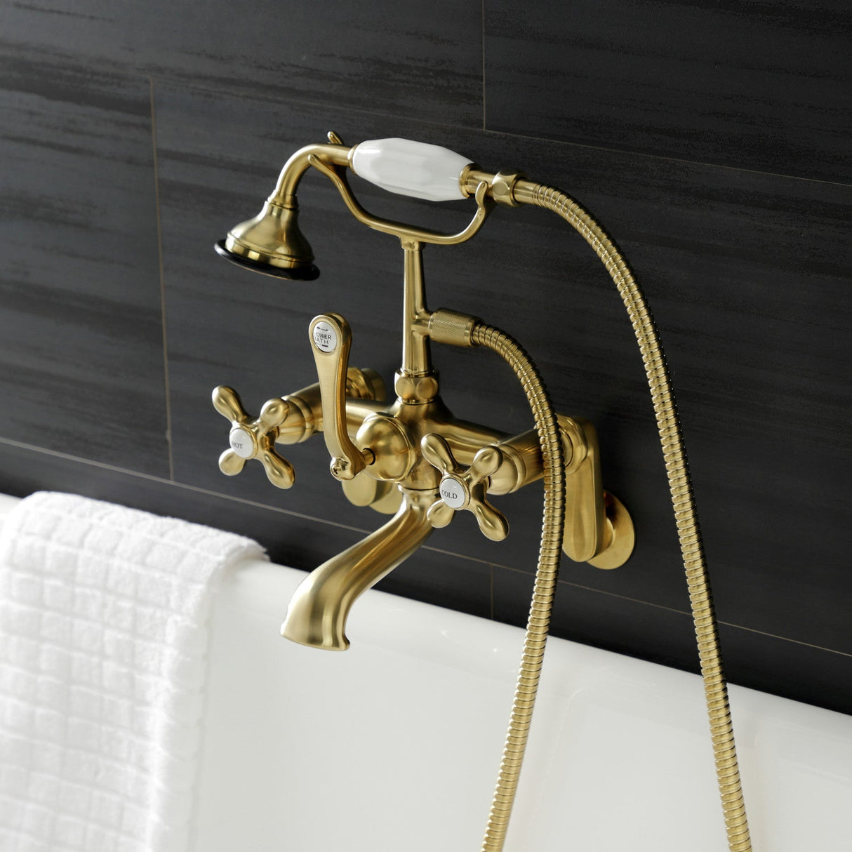 Aqua Vintage AE57T7 Three-Handle 2-Hole Tub Wall Mount Clawfoot Tub Faucet with Hand Shower, Brushed Brass