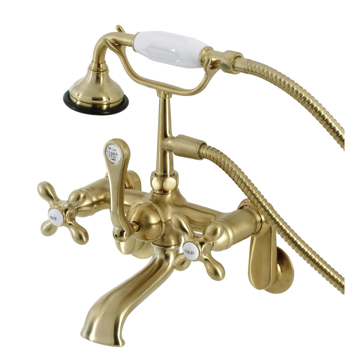 Aqua Vintage AE57T7 Three-Handle 2-Hole Tub Wall Mount Clawfoot Tub Faucet with Hand Shower, Brushed Brass