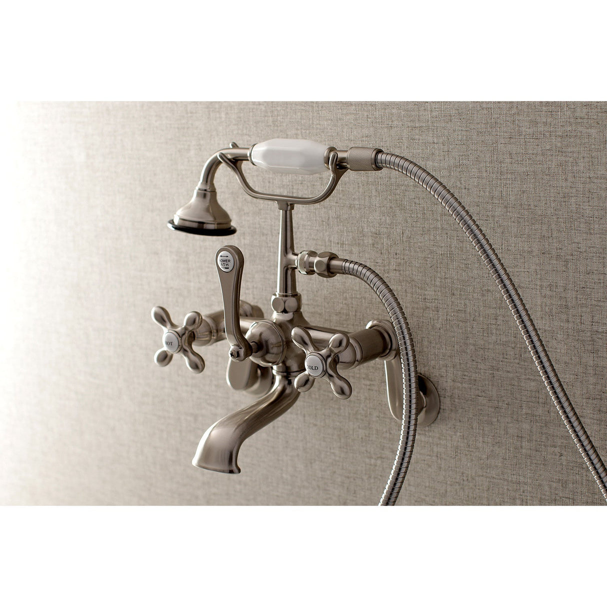 Aqua Vintage AE57T8 Three-Handle 2-Hole Tub Wall Mount Clawfoot Tub Faucet with Hand Shower, Brushed Nickel