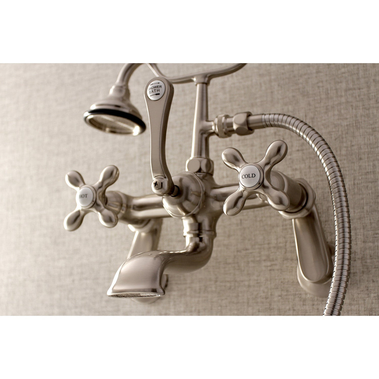 Aqua Vintage AE57T8 Three-Handle 2-Hole Tub Wall Mount Clawfoot Tub Faucet with Hand Shower, Brushed Nickel